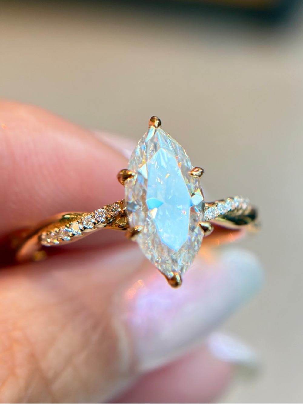 New 18K Gold Plated 2Ct Marquise Cut VVS1 D Color Moissanite Solitaire Ring in 8